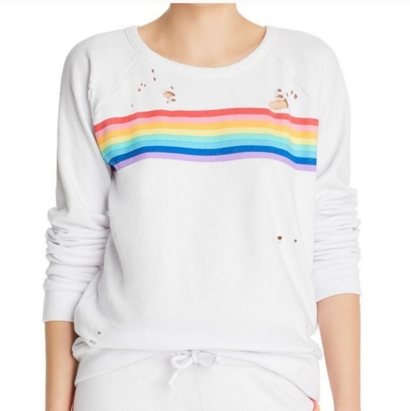 Chaser Rainbow Stripe Long Sleeve Distressed Sweatshirt - Picture 2 of 7